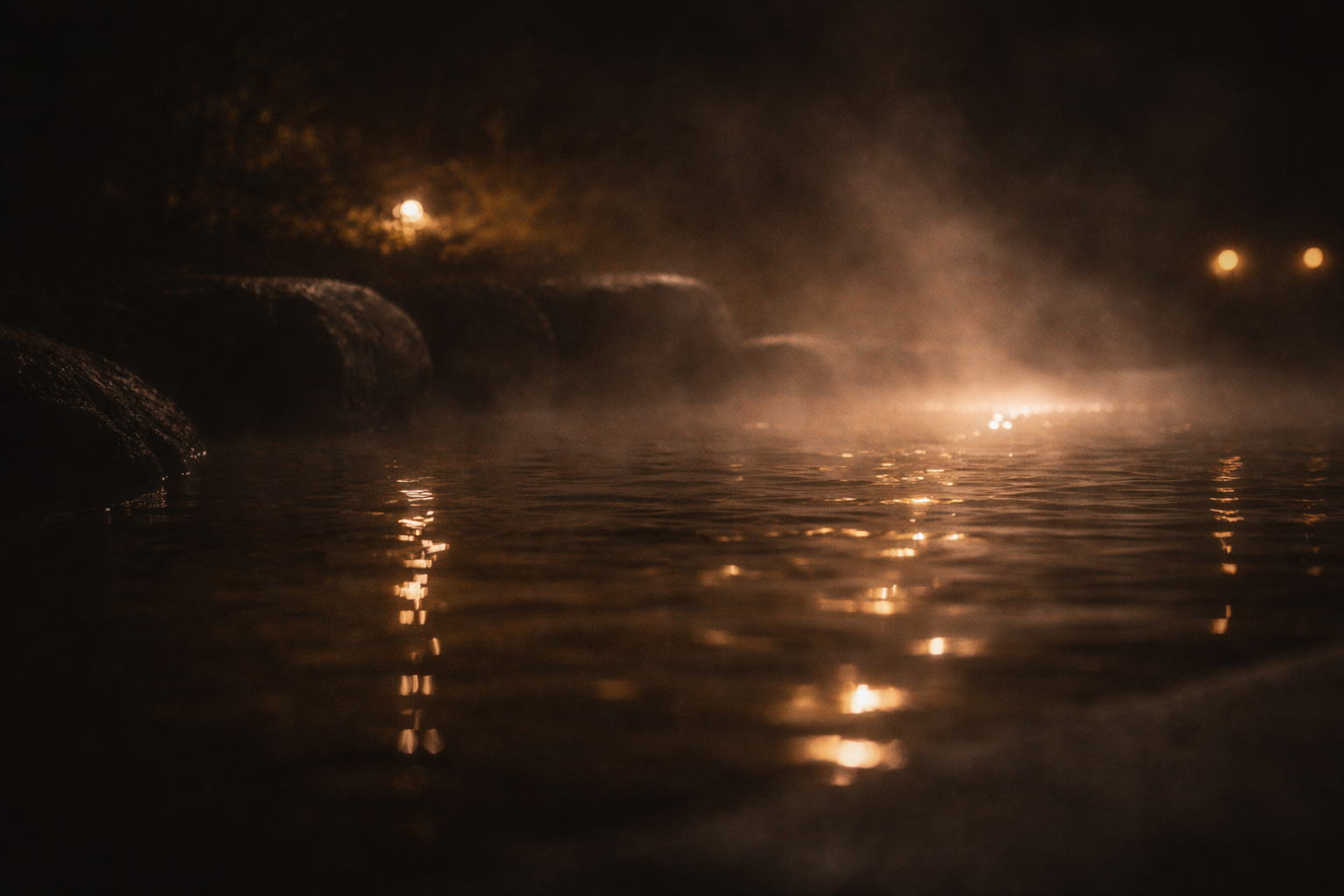 湯気がやわらかく立ちのぼる静かな温泉の風景