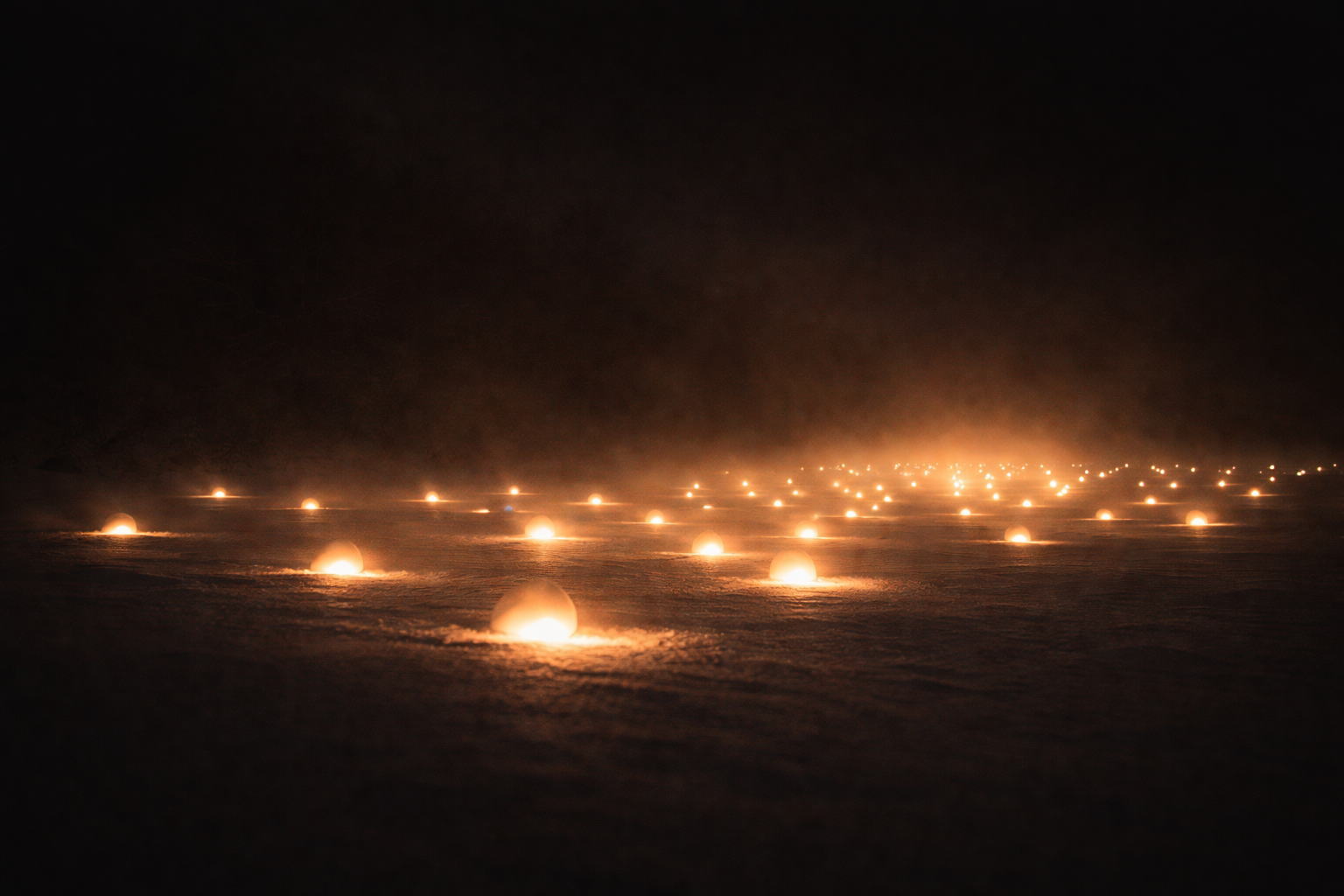 雪原に小さな光が静かに広がる夜の風景